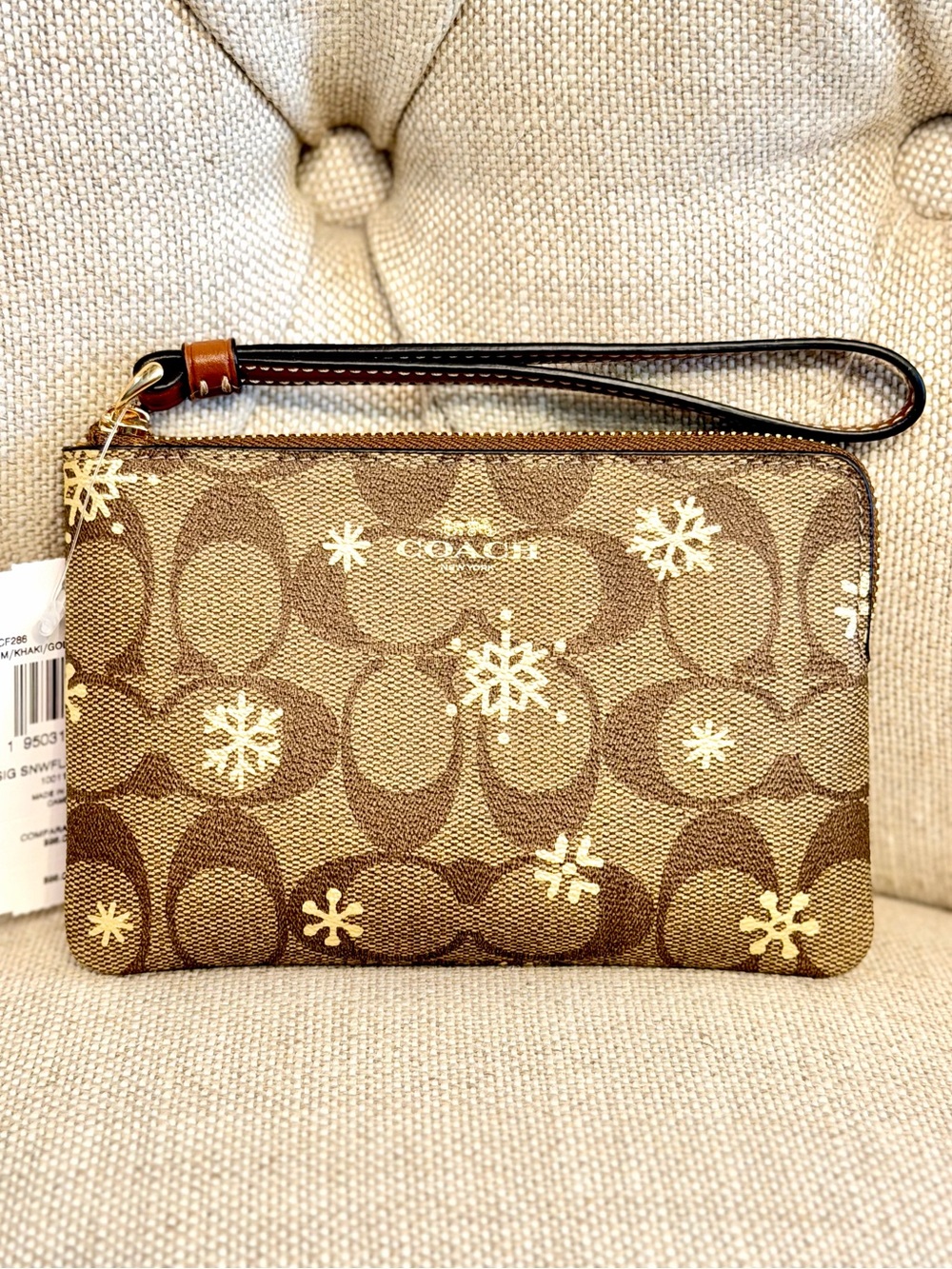 NEW COACH Small Wristlet Signature Corner Zip CF286 Snowflake Khaki Saddle Brown